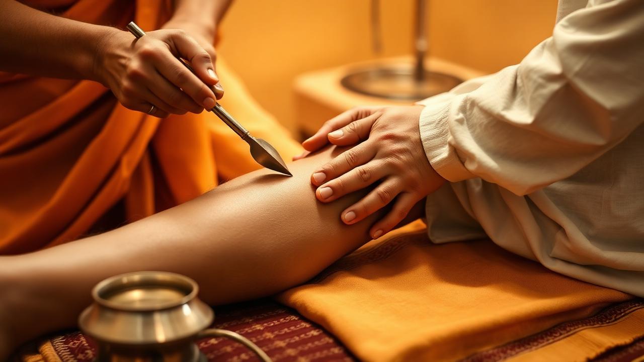 Ayurvedic Agnikarma treatment being performed with traditional shalaka instrument