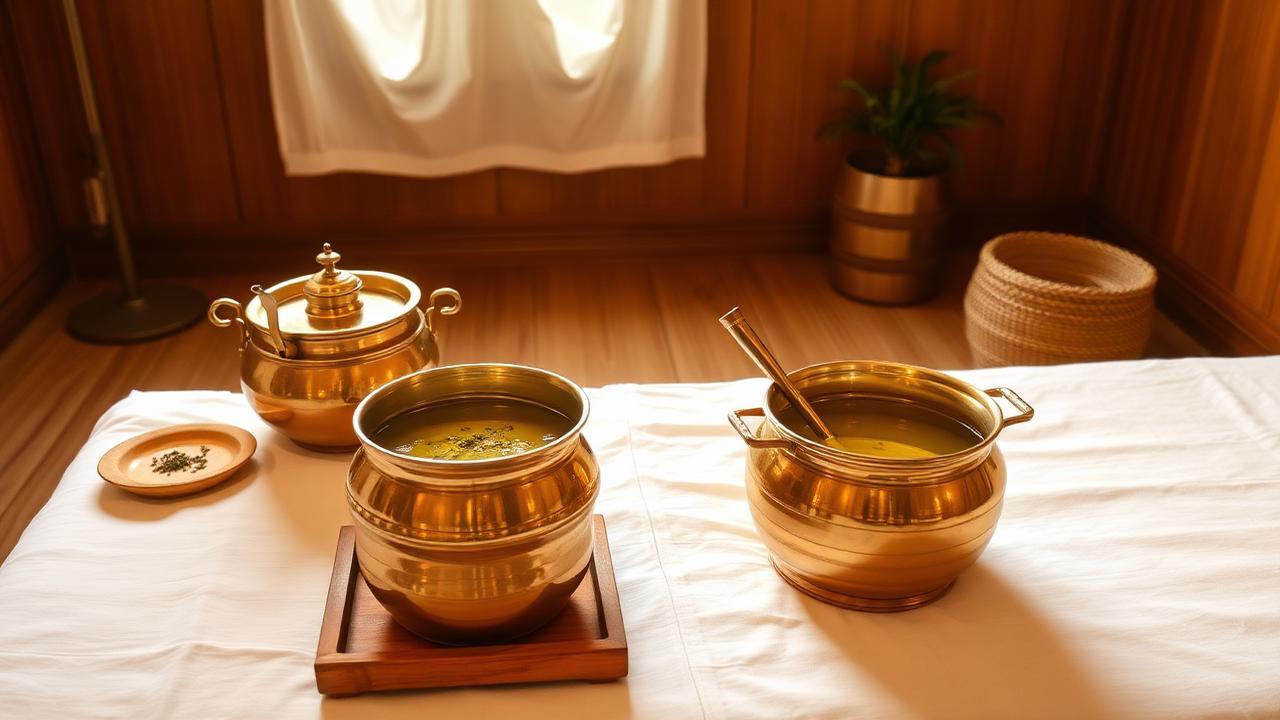 Traditional Ayurvedic Basti therapy setup with brass vessels and medicated oils