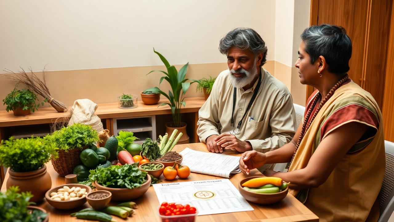 Ayurvedic doctor counselling a patient with healthy food, herbs and a diet chart