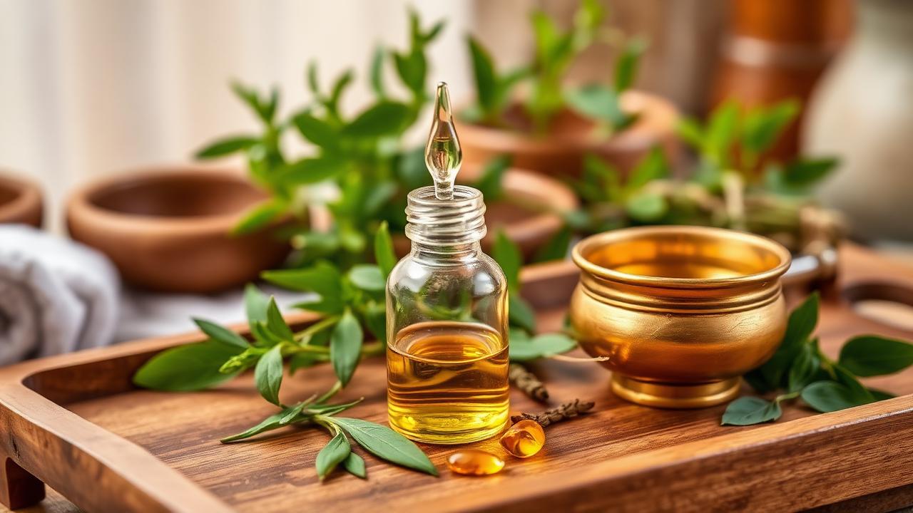 Ayurvedic Nasya nasal therapy with medicated herbal oil and fresh herbs
