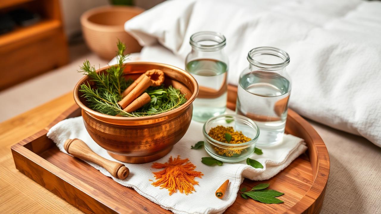 Traditional Ayurvedic blood purification tray with copper bowl and healing herbs