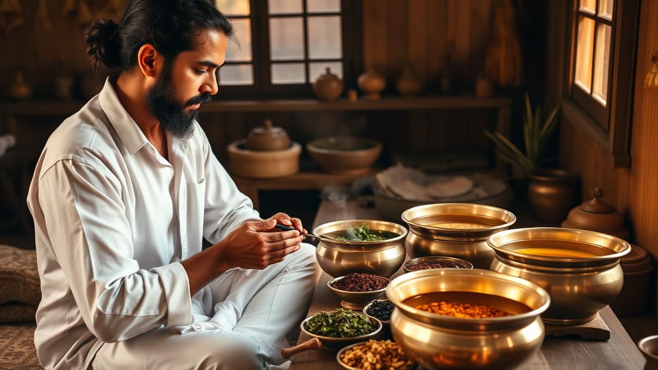 Ayurvedic Vamana Panchakarma detox preparation with herbal decoctions