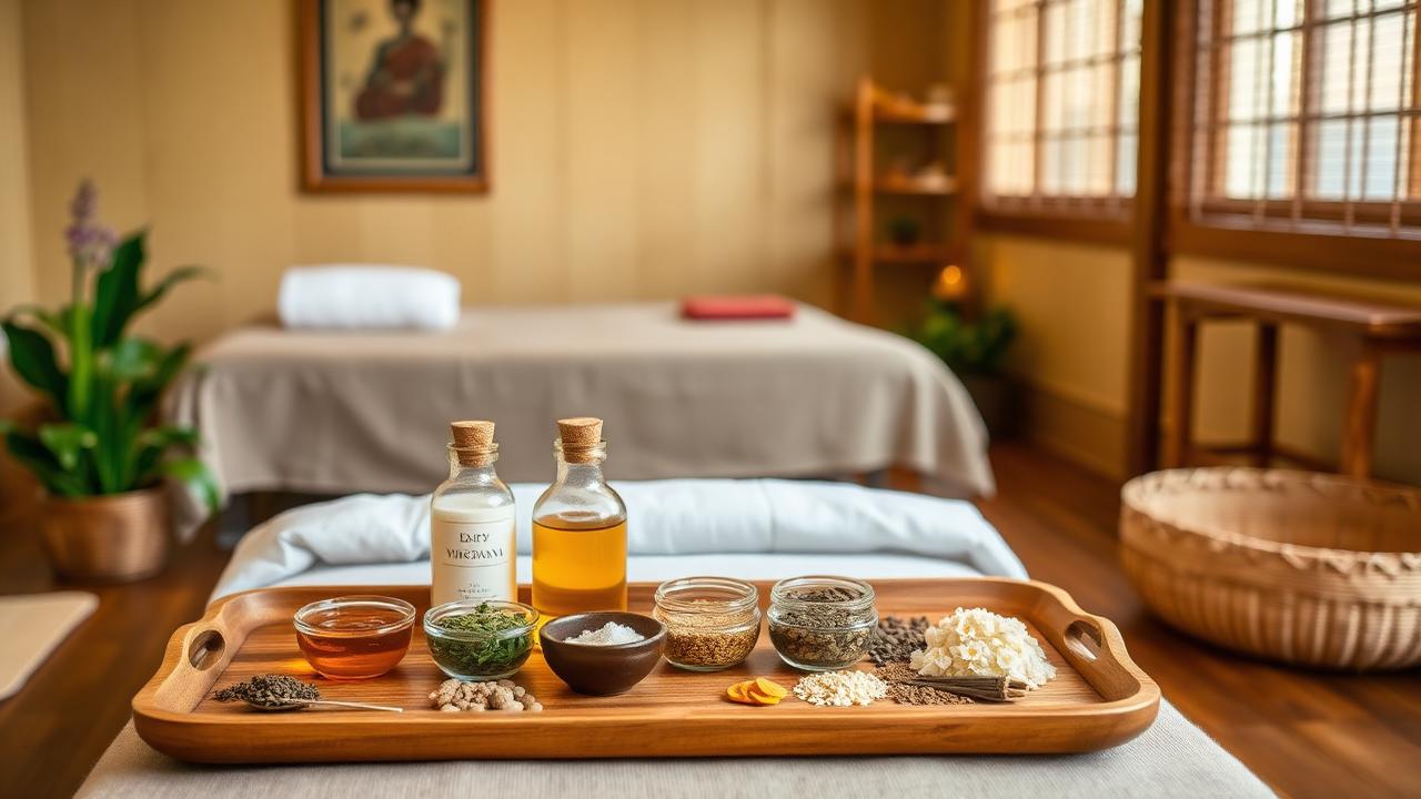 Virechana herbal detoxification medicines and oils in a serene Ayurvedic setting